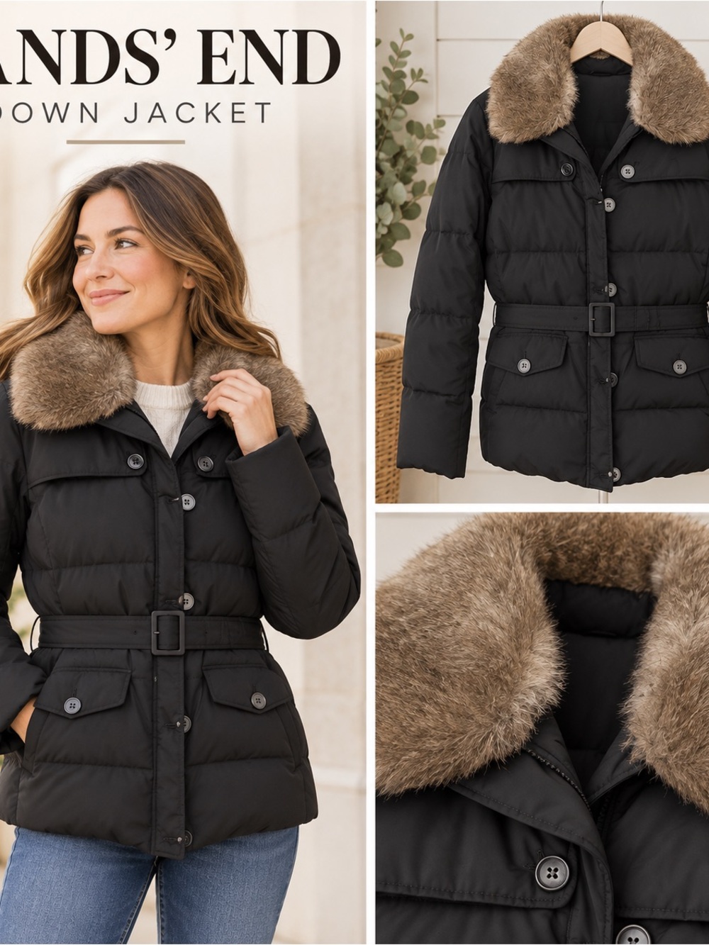 Lands’ End Women’s Down Jacket w/ Faux Fur Collar & Belt – Size Large